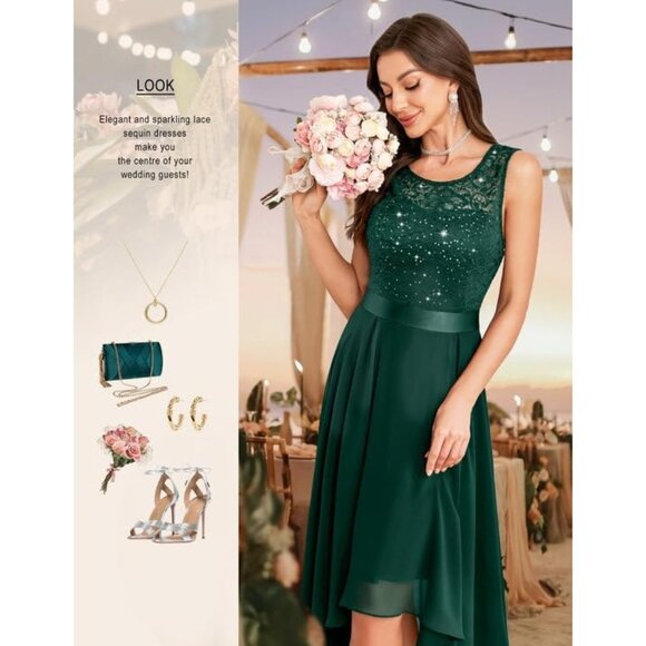 BeryLove Women DarkgreenSequin Chiffon Scoop Neck Sleeveless Lace Cocktail Dress - Picture 3 of 6